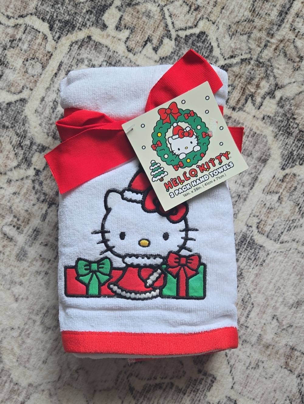 Hello Kitty White Hand Towels with Red & Green Holiday Accents